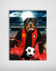 Personalized Rottweiler dog poster in a red and black Bournemouth football kit holding a soccer ball.