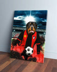 Personalized pet canvas featuring a Rottweiler in a red and black Bournemouth football kit with a soccer ball.