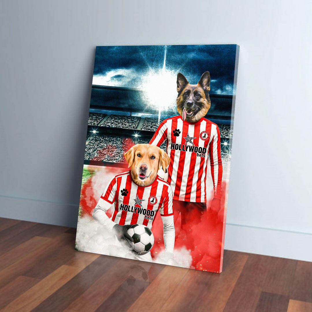 Personalized canvas of two dogs in Brentford football kits on a stadium background.