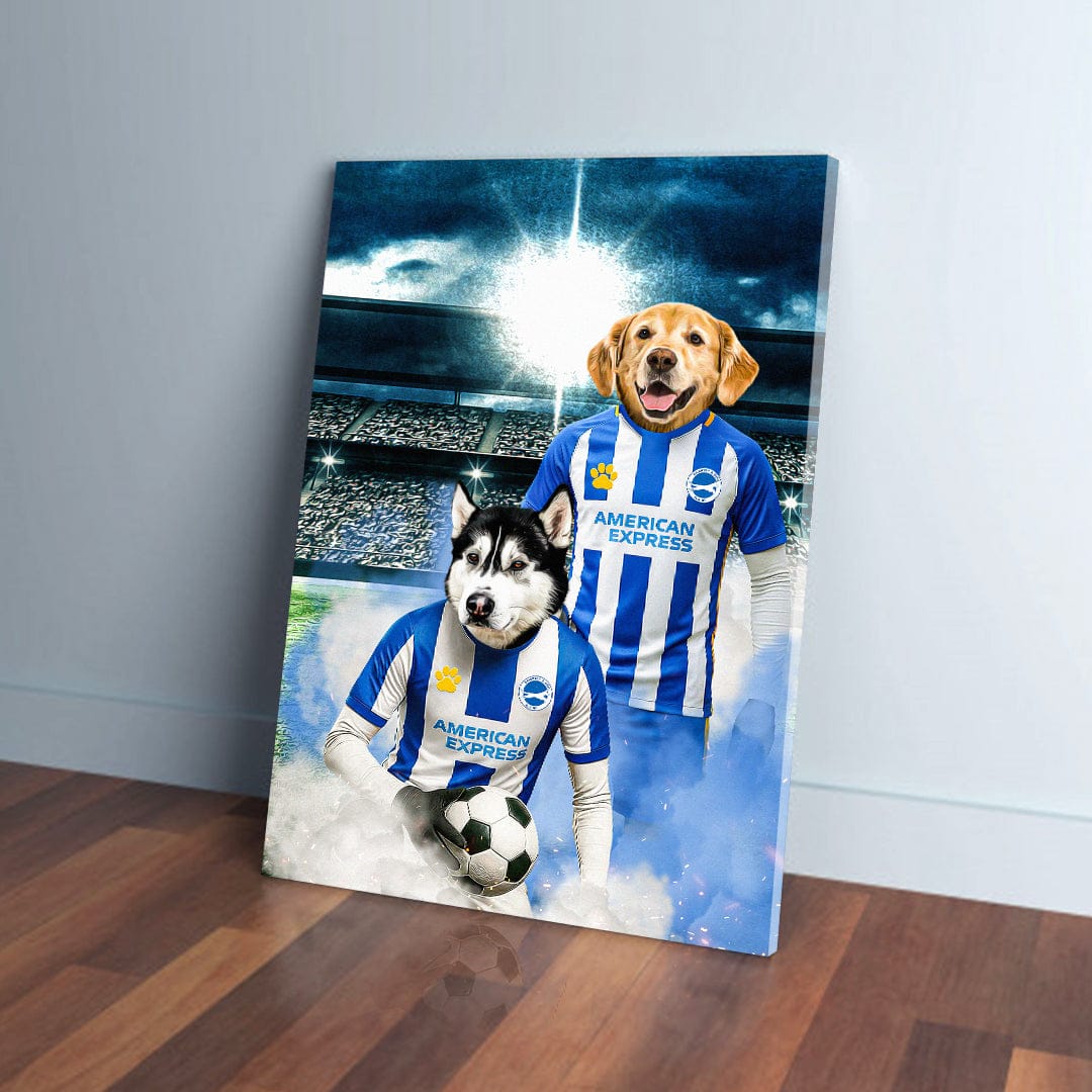 Personalized canvas of a husky and golden retriever in blue & white football jerseys on a stadium background.