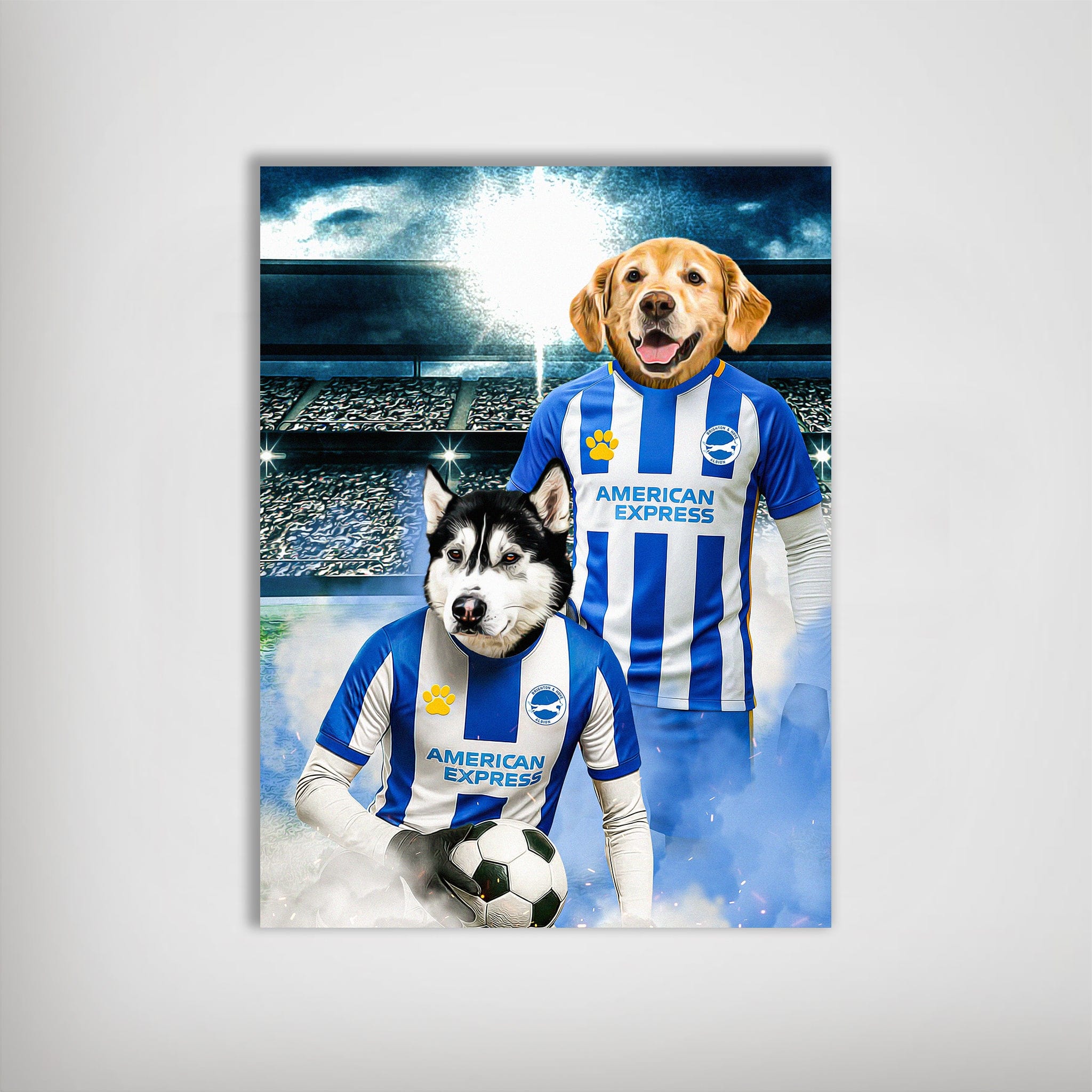 Personalized Brighton Doggos Football poster featuring a golden retriever and husky in blue and white striped jerseys.