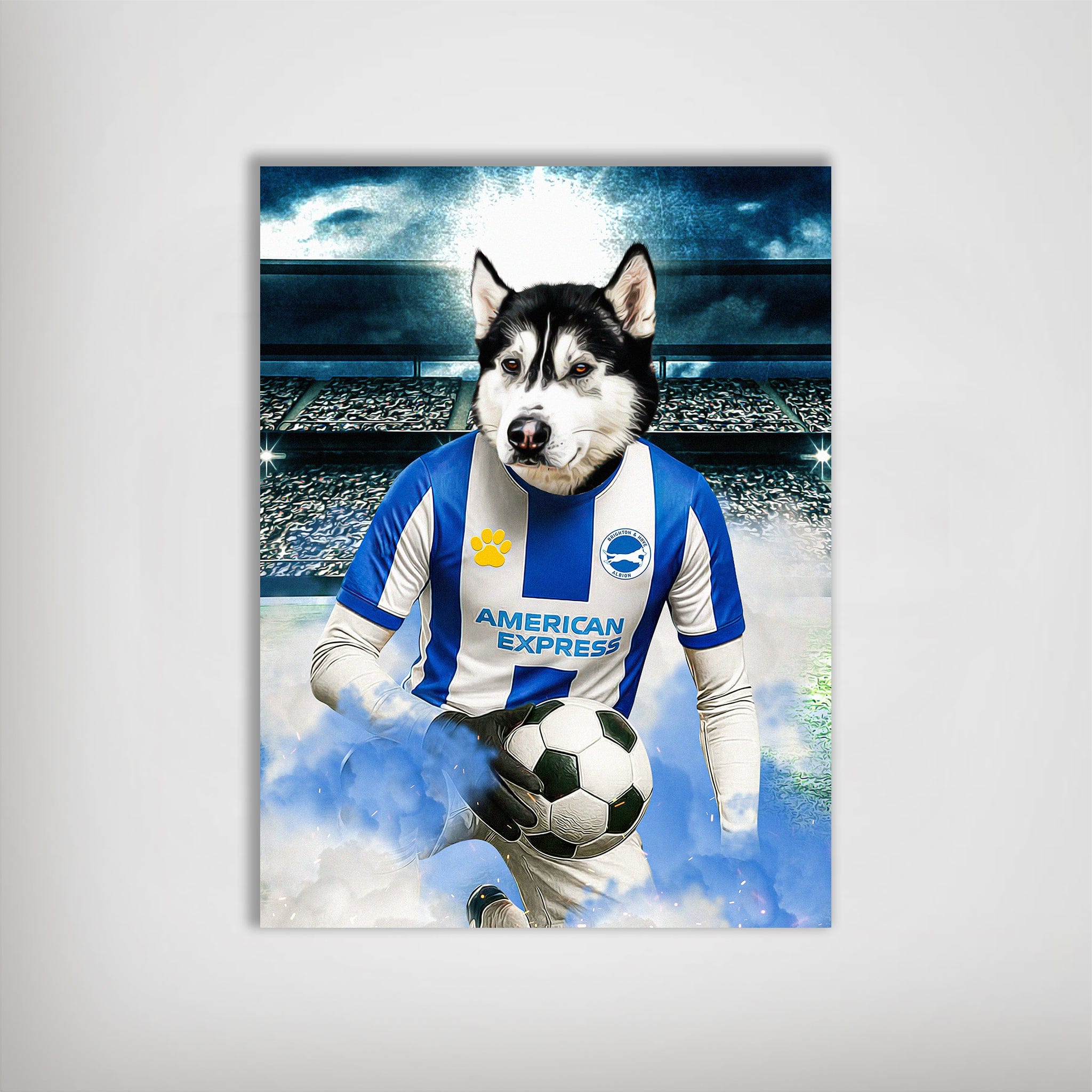 Personalized husky dog football poster in a blue and white Brighton jersey, holding a soccer ball.