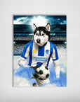 Personalized husky dog football poster in a blue and white Brighton jersey, holding a soccer ball.