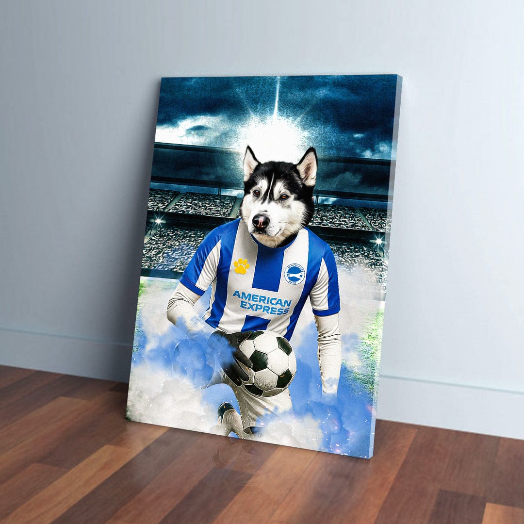 Personalized pet canvas featuring a husky in a blue and white football kit, holding a soccer ball.