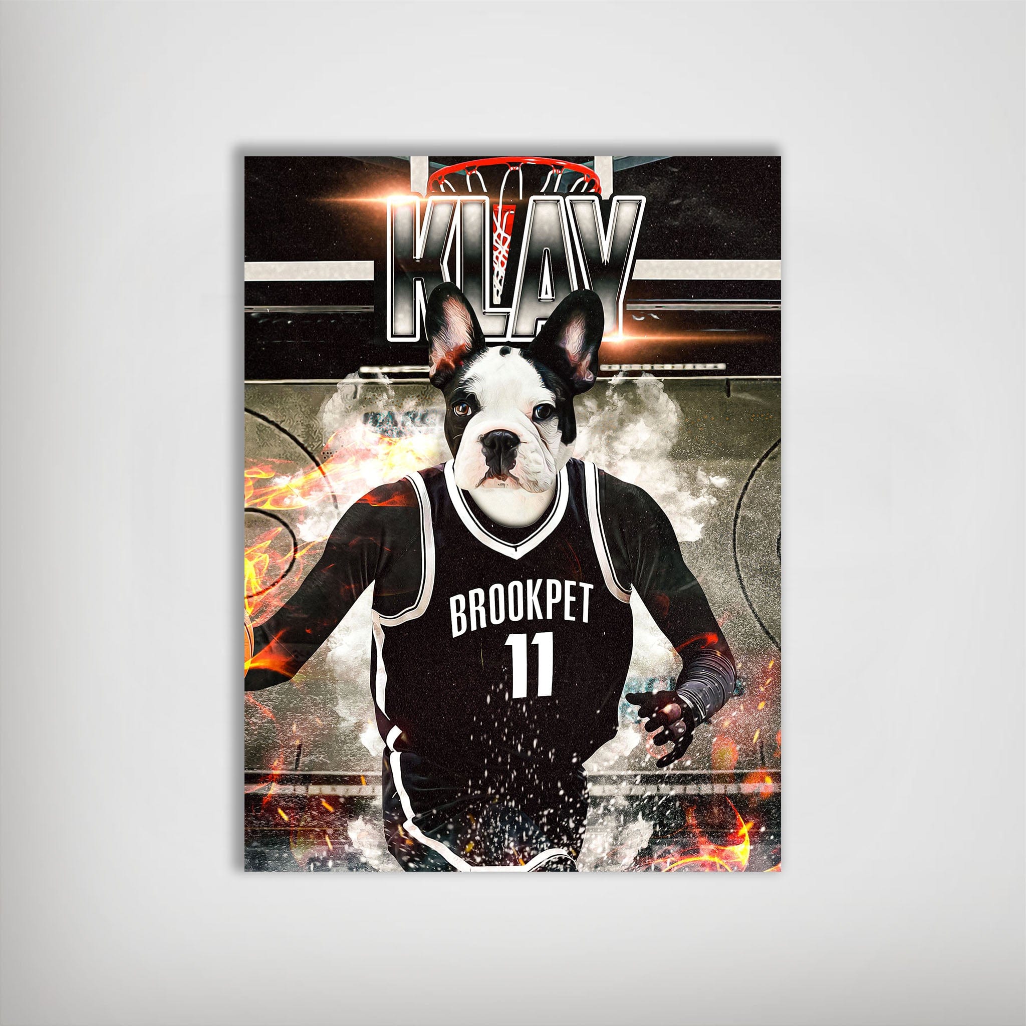 Personalized 'Brookpet Nets' poster featuring a French Bulldog in a black basketball jersey with "BROOKPET 11" and "KLAY" text.