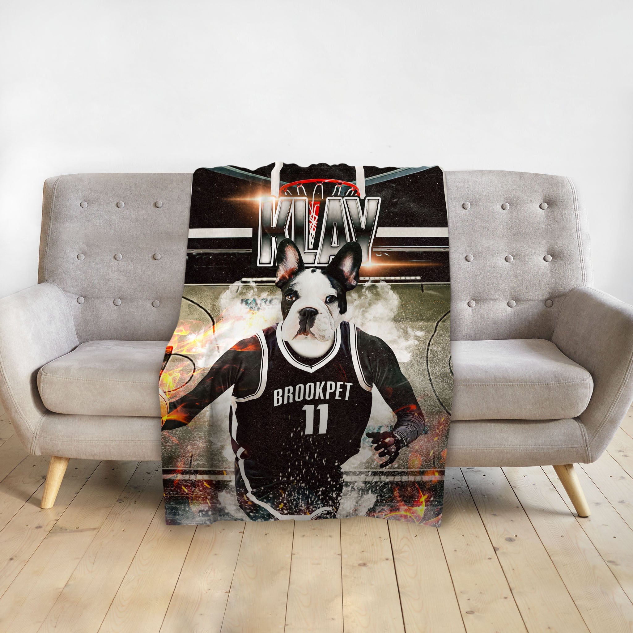 Personalized pet blanket featuring a French Bulldog in a basketball player portrait.