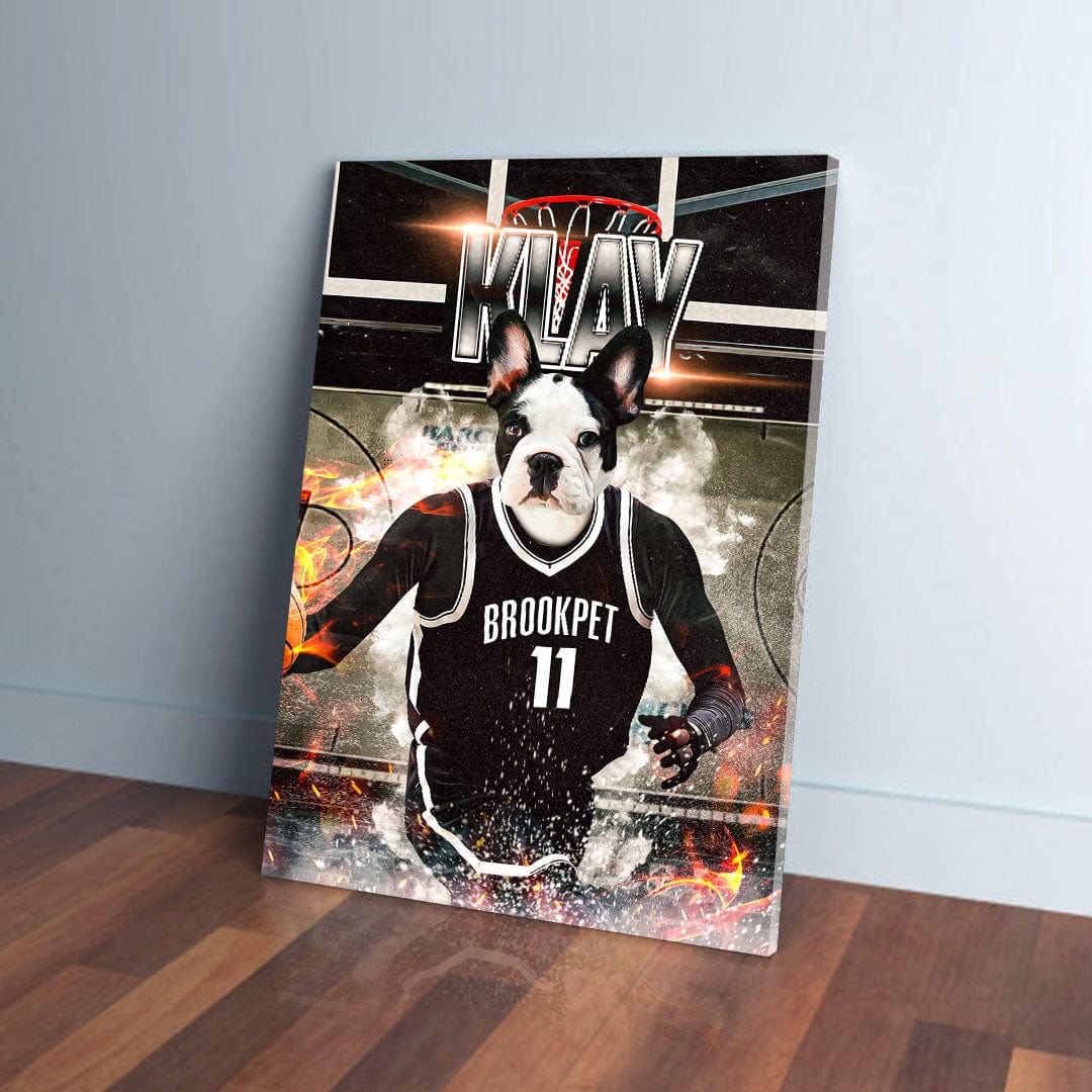 Custom pet canvas featuring a French Bulldog in a black "BROOKPET 11" basketball jersey on a court.