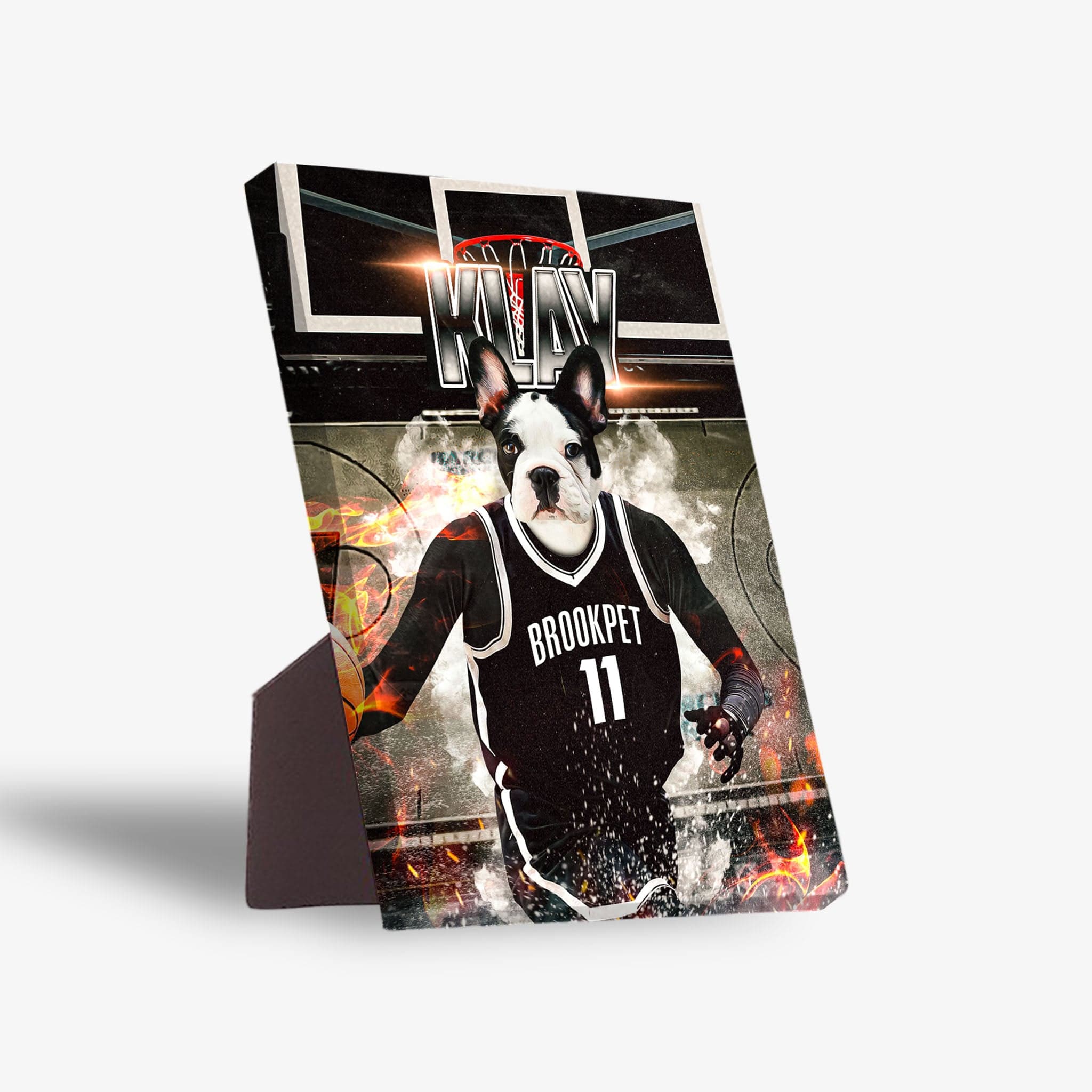 Personalized Brookpet Nets standing canvas featuring a French bulldog in a black basketball jersey.