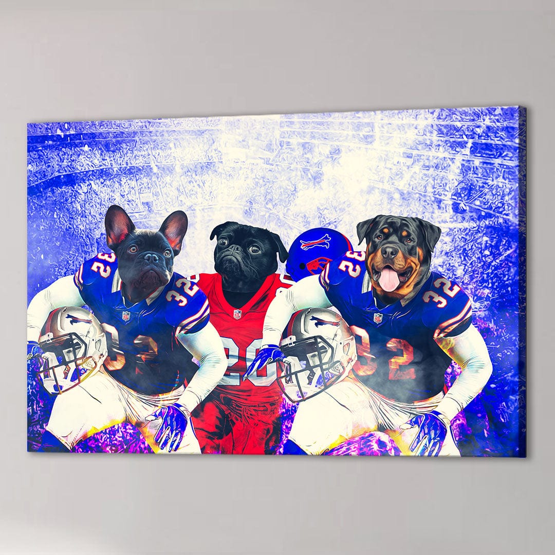 Custom canvas with three pets as Buffalo Bills football players in blue and red jerseys.
