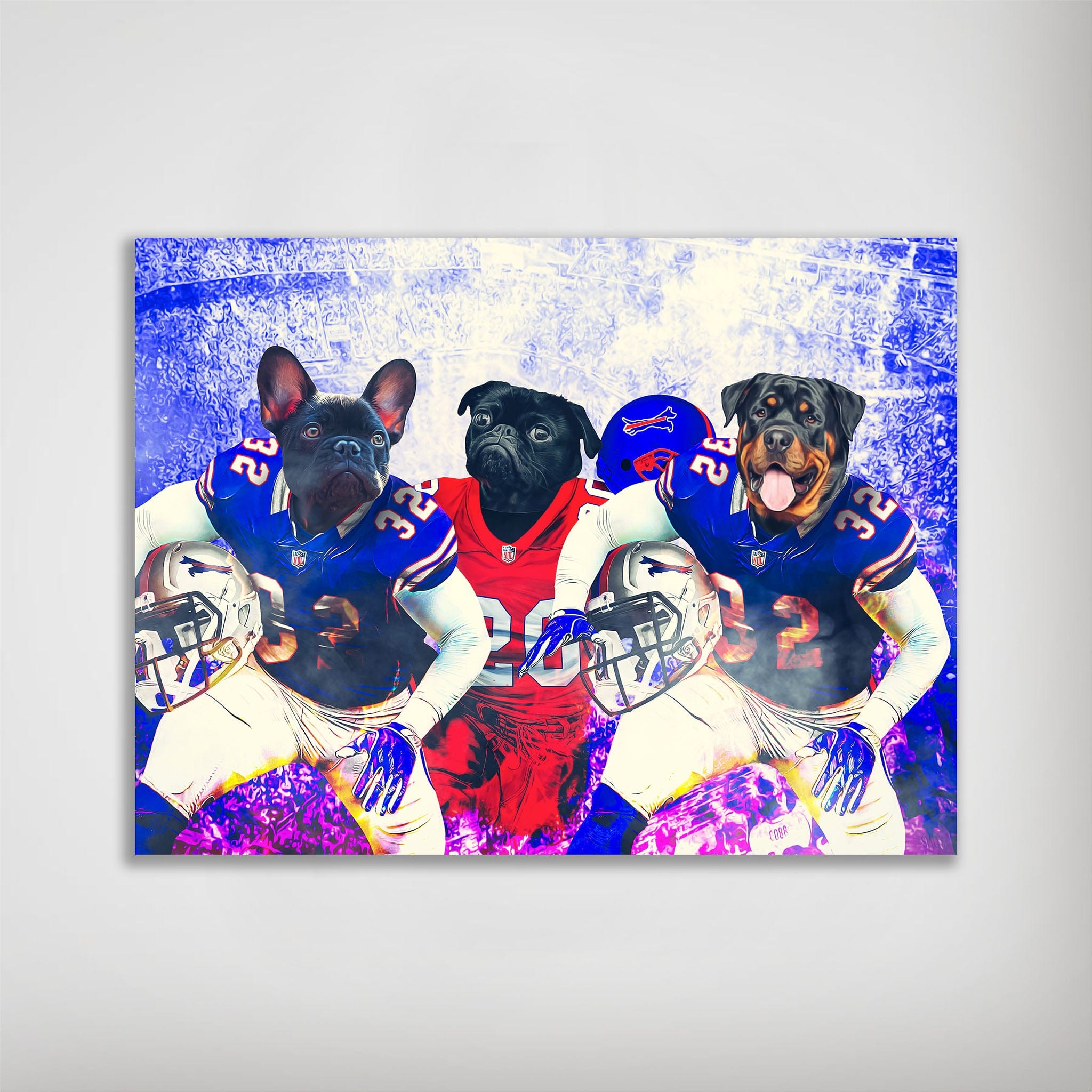 Personalized 'Buffalo Doggos' poster featuring a French Bulldog, Pug, and Rottweiler in football uniforms.