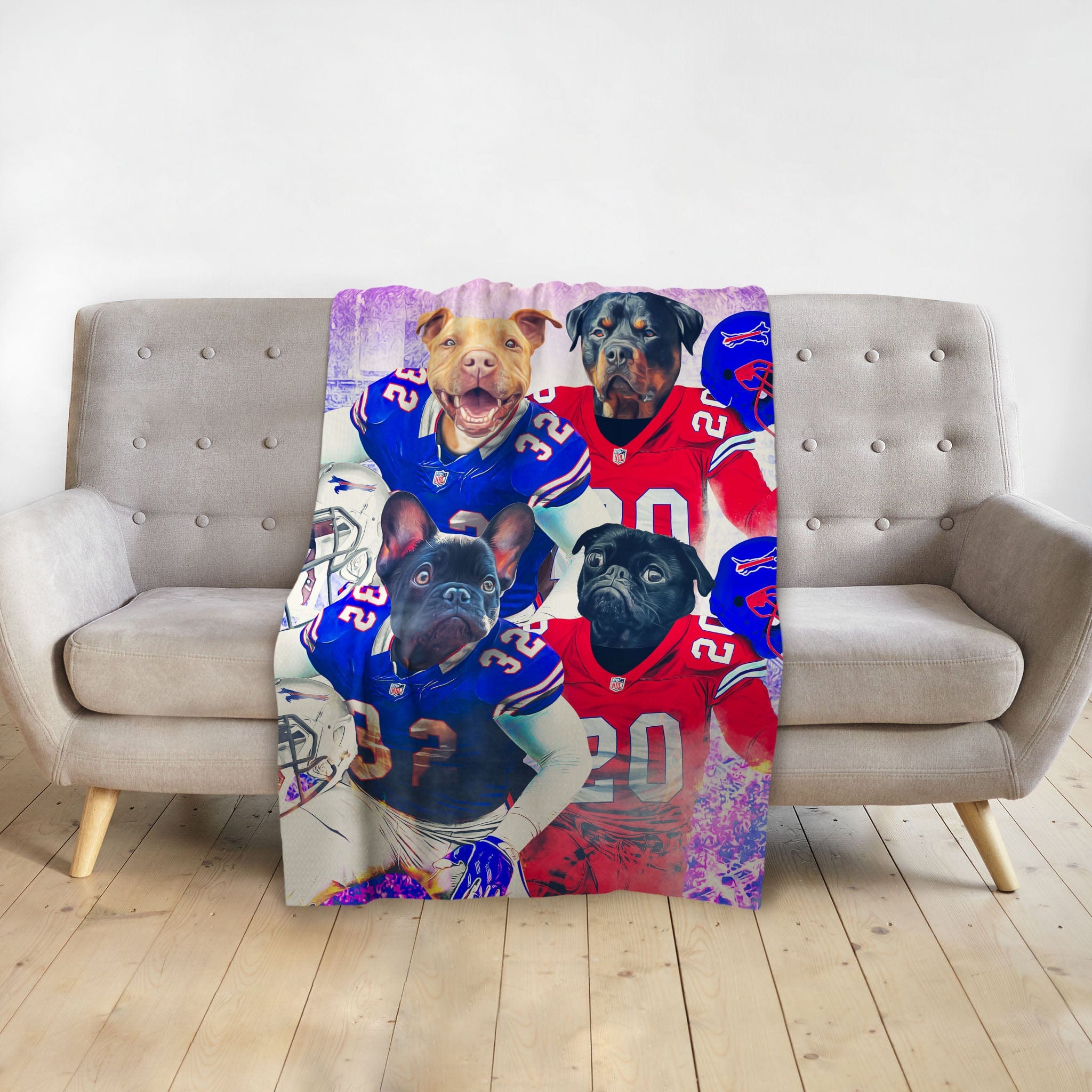 Personalized pet portrait blanket featuring four dogs in blue and red football uniforms.