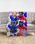 Personalized pet portrait blanket featuring four dogs in blue and red football uniforms.