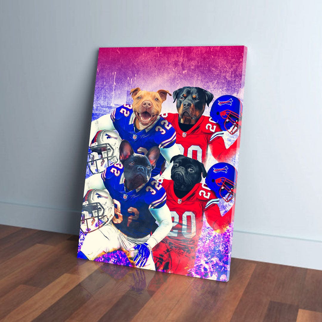 Personalized 'Buffalo Doggos' 4-pet canvas featuring dogs in blue and red football jerseys.