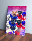 Personalized 'Buffalo Doggos' 4-pet canvas featuring dogs in blue and red football jerseys.
