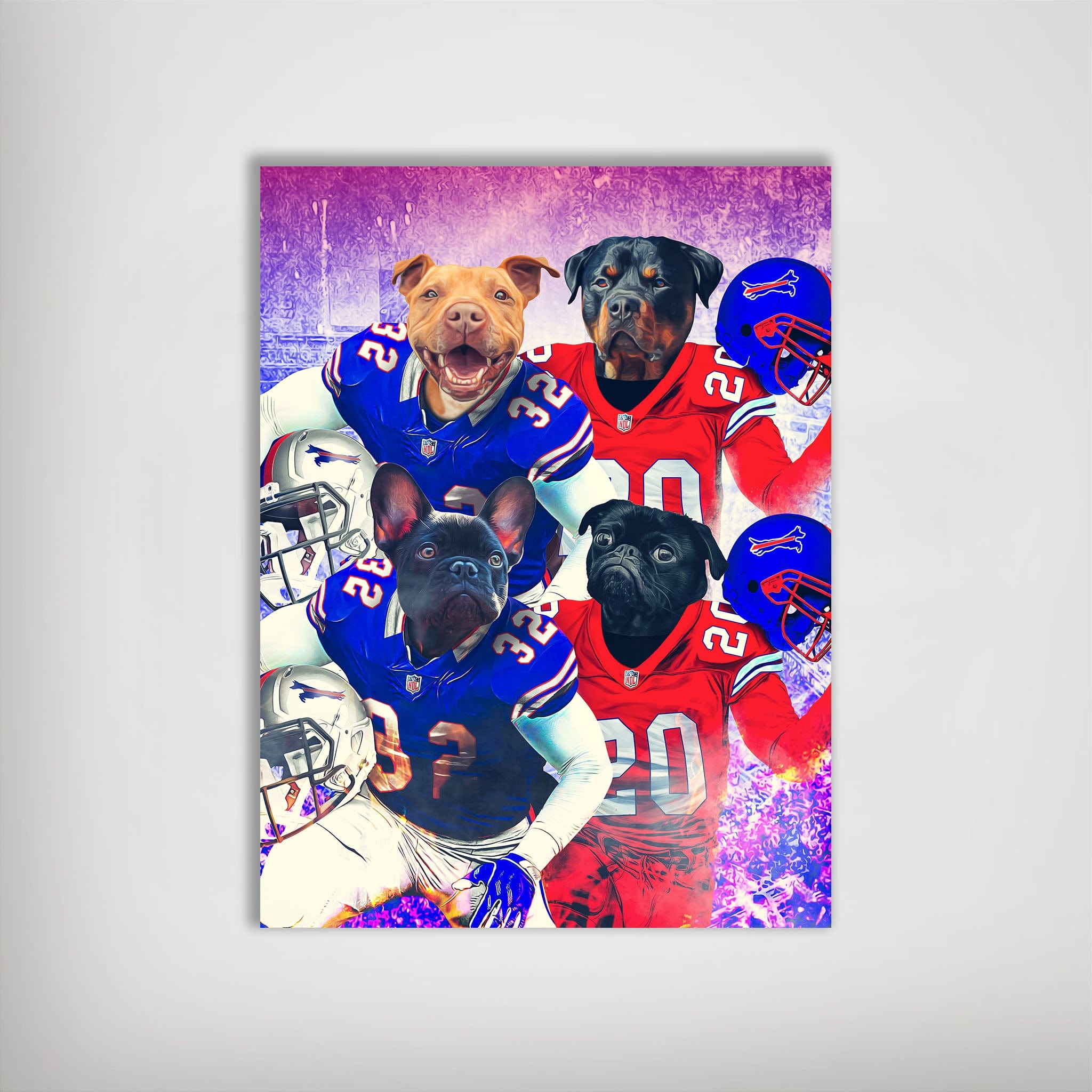 Personalized 4-pet poster featuring dogs in blue and red football jerseys with helmets.