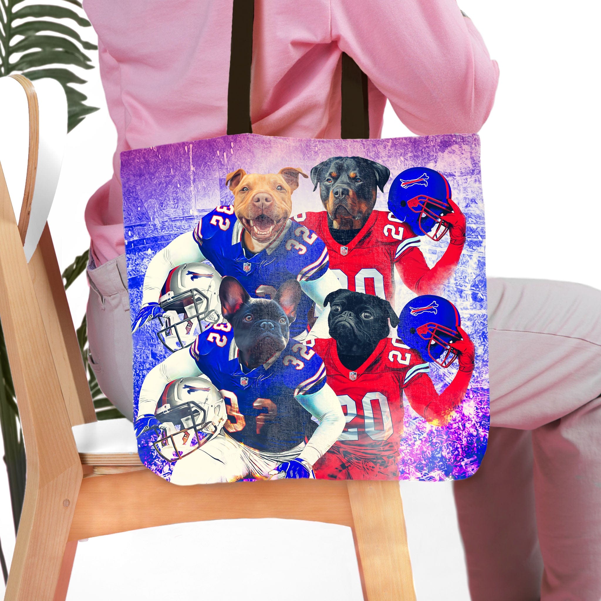 Personalized 4-pet tote bag featuring dogs in Buffalo Bills football uniforms.