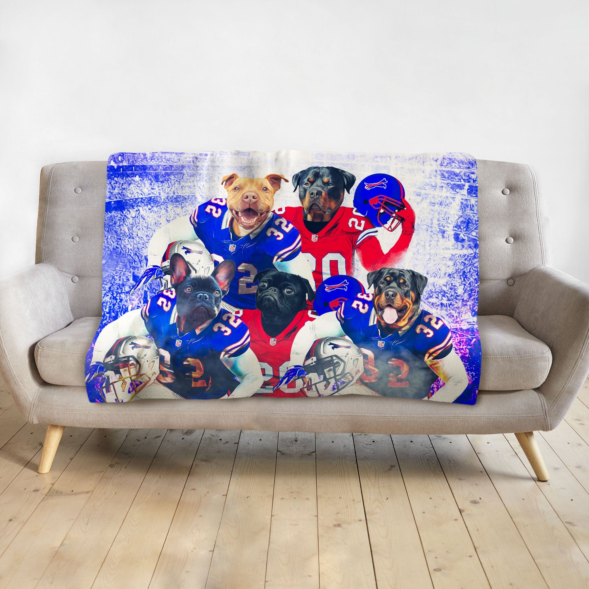Personalized 5-pet blanket with dogs in blue and red football uniforms.