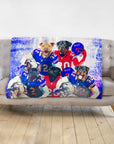 Personalized 5-pet blanket with dogs in blue and red football uniforms.