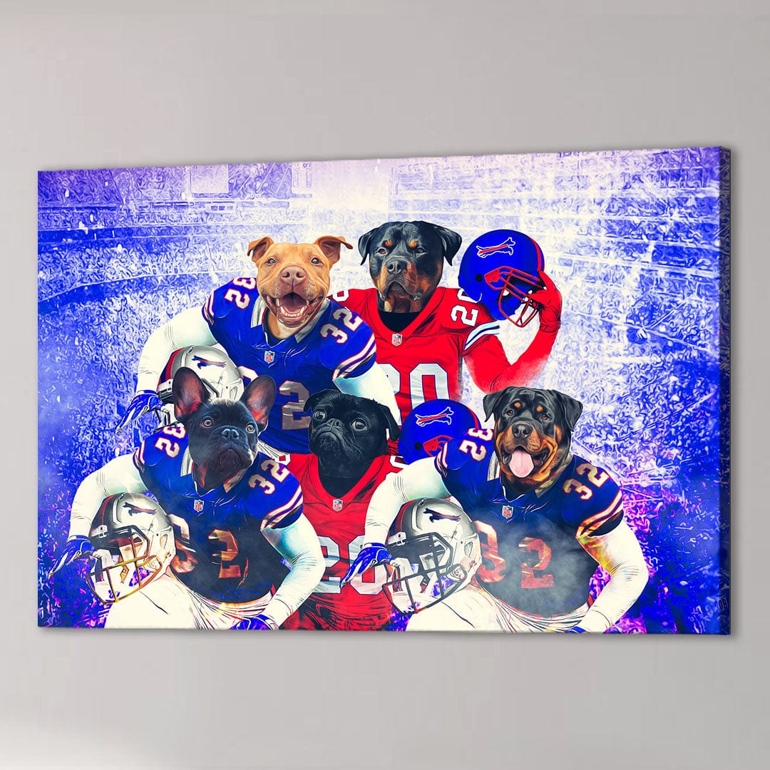Custom canvas of five pets as football players in blue and red jerseys on a vibrant stadium background.