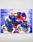 Personalized 'Buffalo Doggos' poster featuring five pets in blue and red football jerseys.