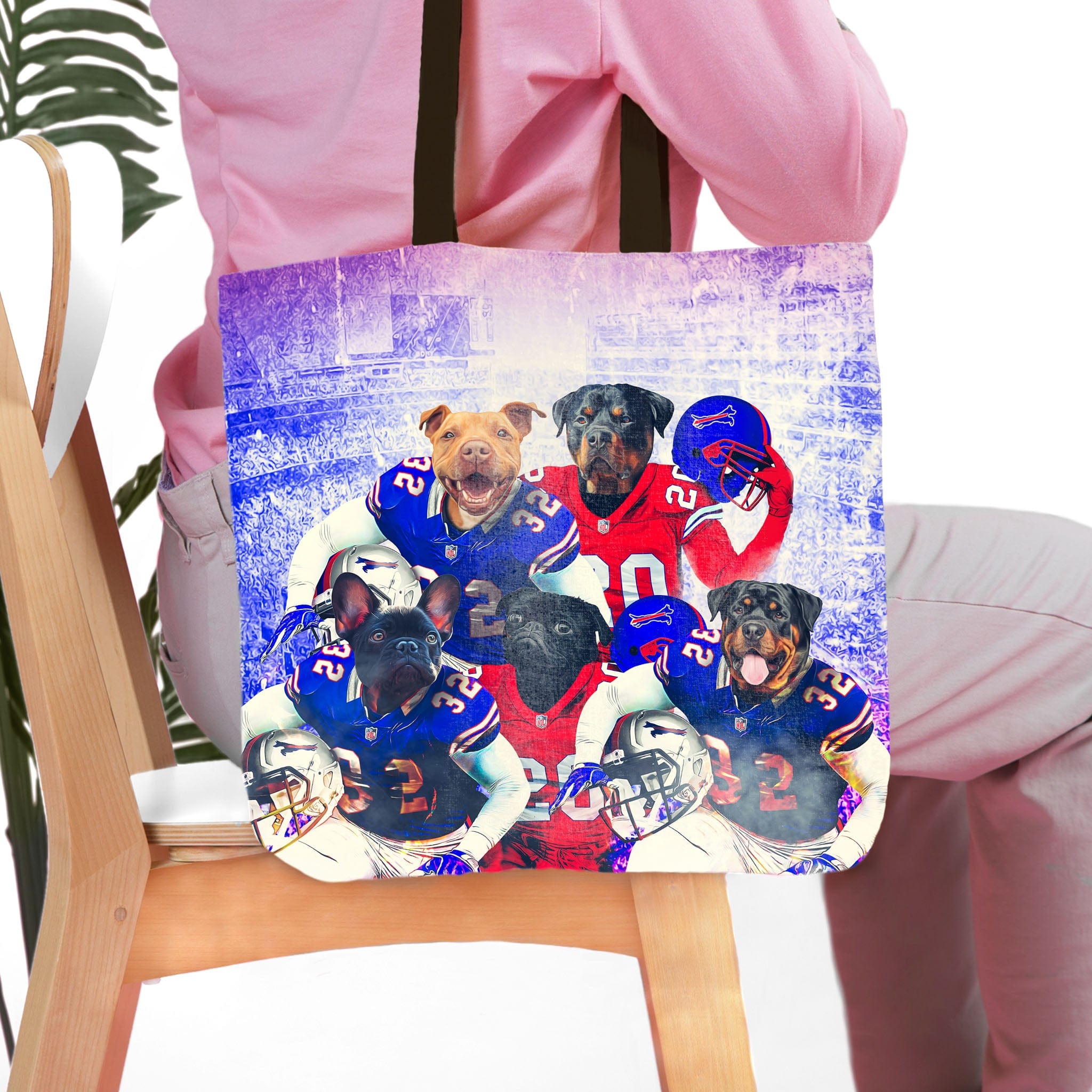 Personalized 5-pet 'Buffalo Doggos' tote bag featuring dogs in football uniforms.