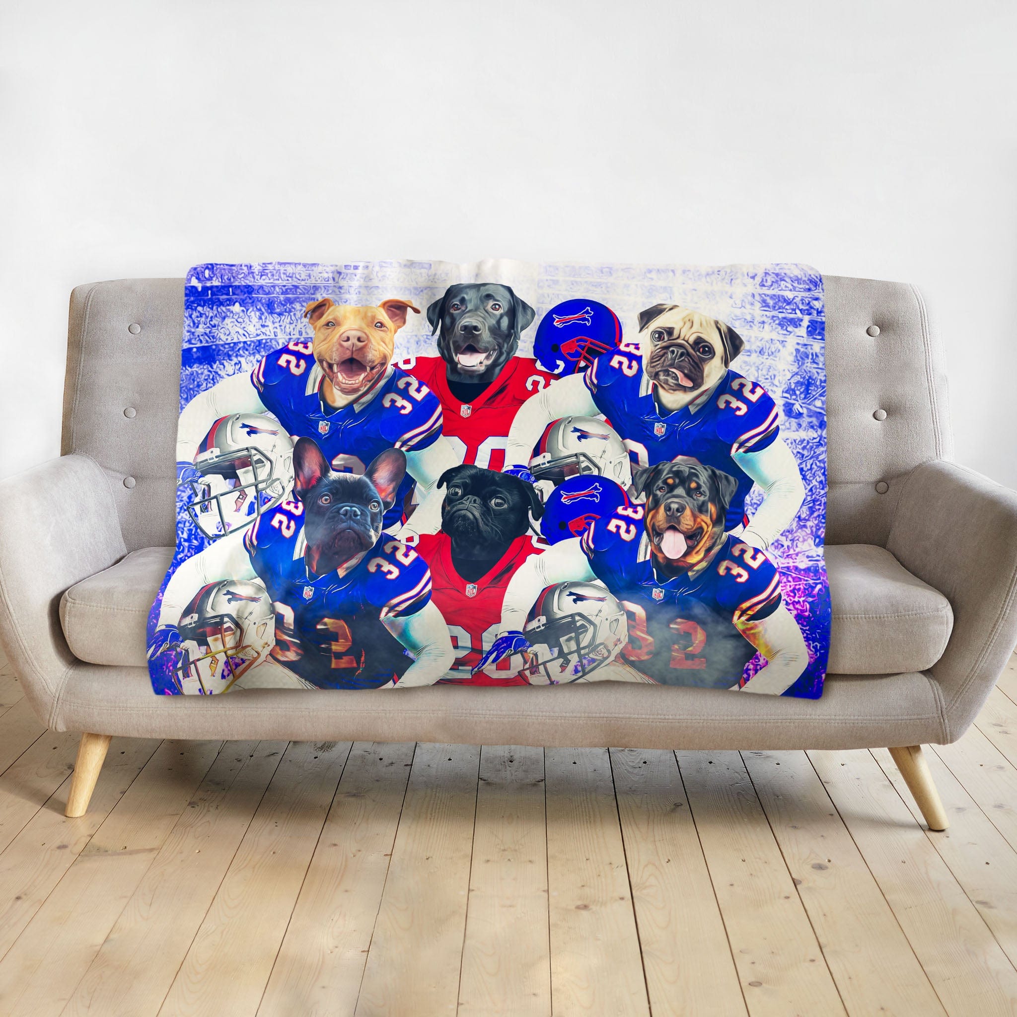 Personalized 6-pet blanket with dogs in Buffalo Bills football uniforms.