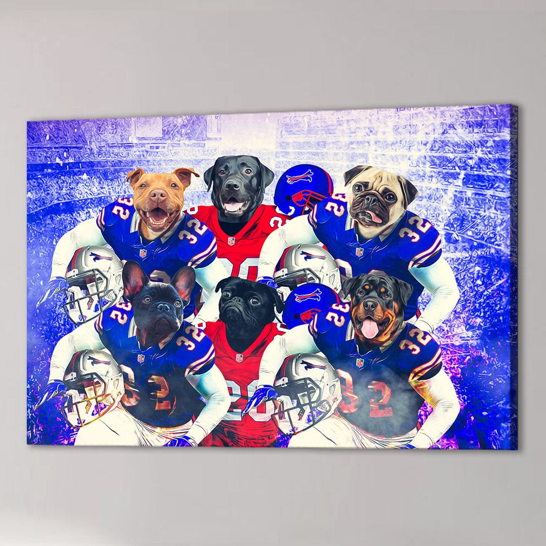 Personalized 6-pet canvas featuring dogs in blue and red football uniforms against a stadium backdrop.