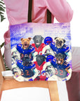 Personalized 'Buffalo Doggos' 6-pet tote bag with dogs in football uniforms, held by a person.