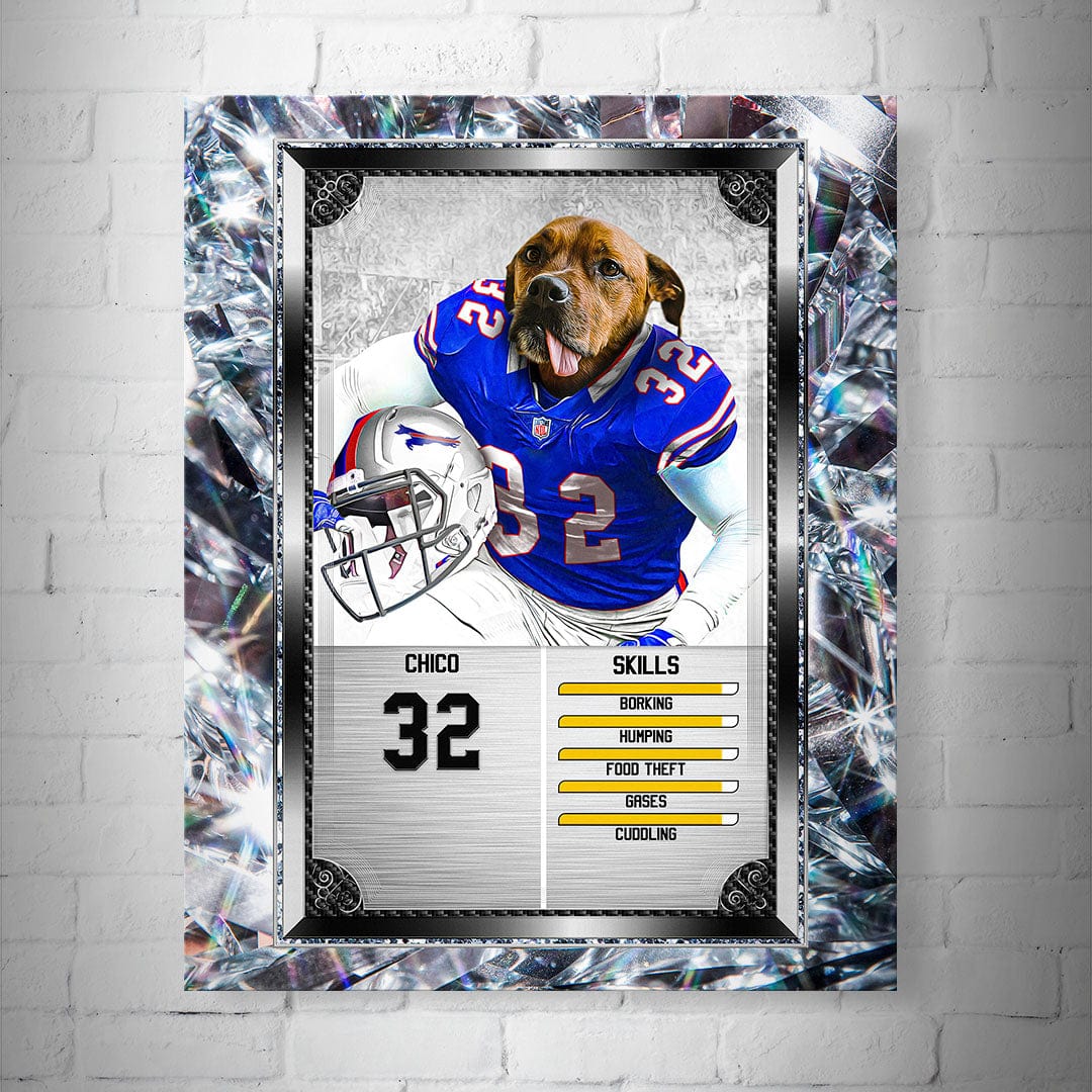 Personalized 8x10" matte poster featuring a dog in a blue football jersey, number 32, with custom skills.