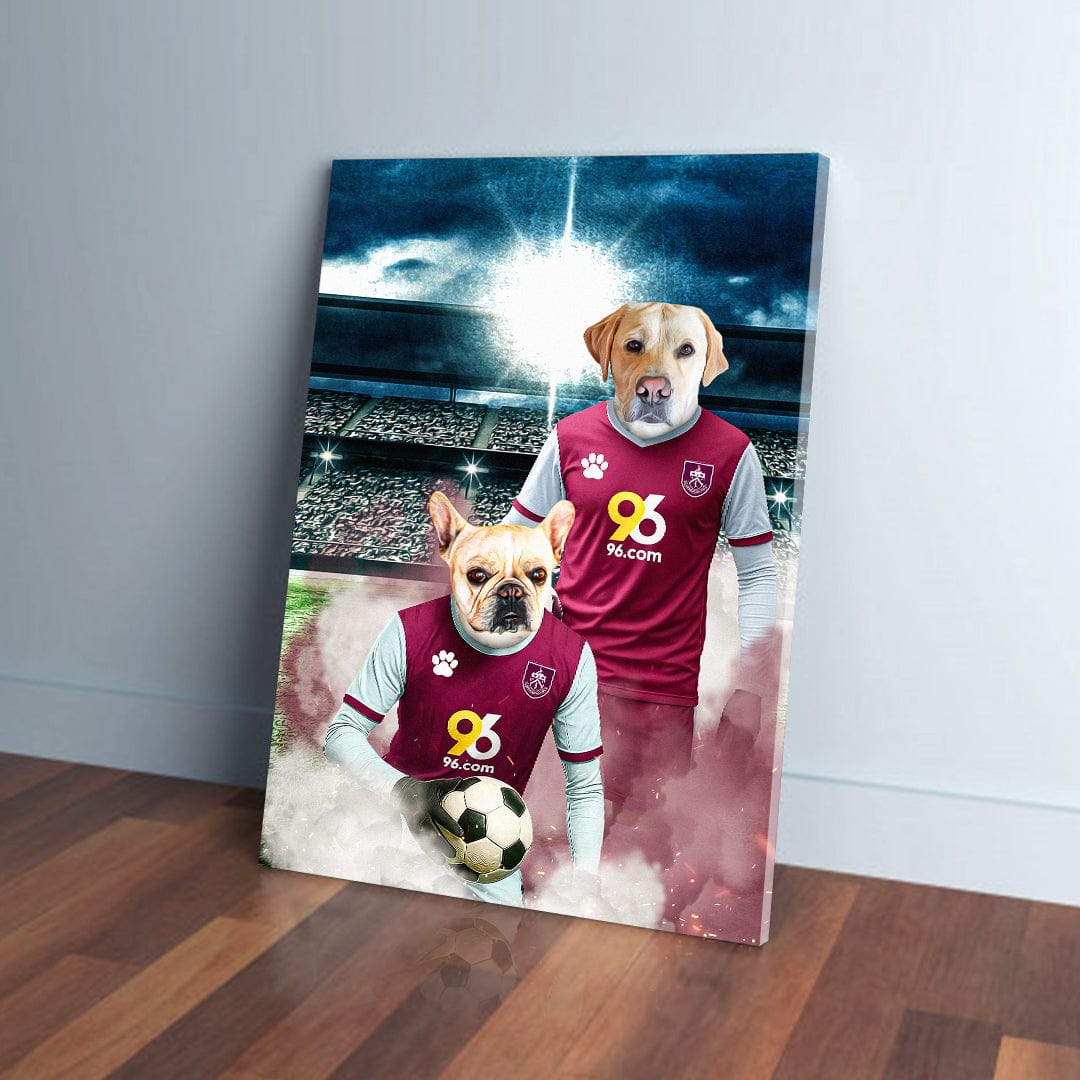 Personalized canvas of two dogs in Burnley football kits on a stadium field.