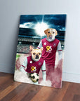 Personalized canvas of two dogs in Burnley football kits on a stadium field.