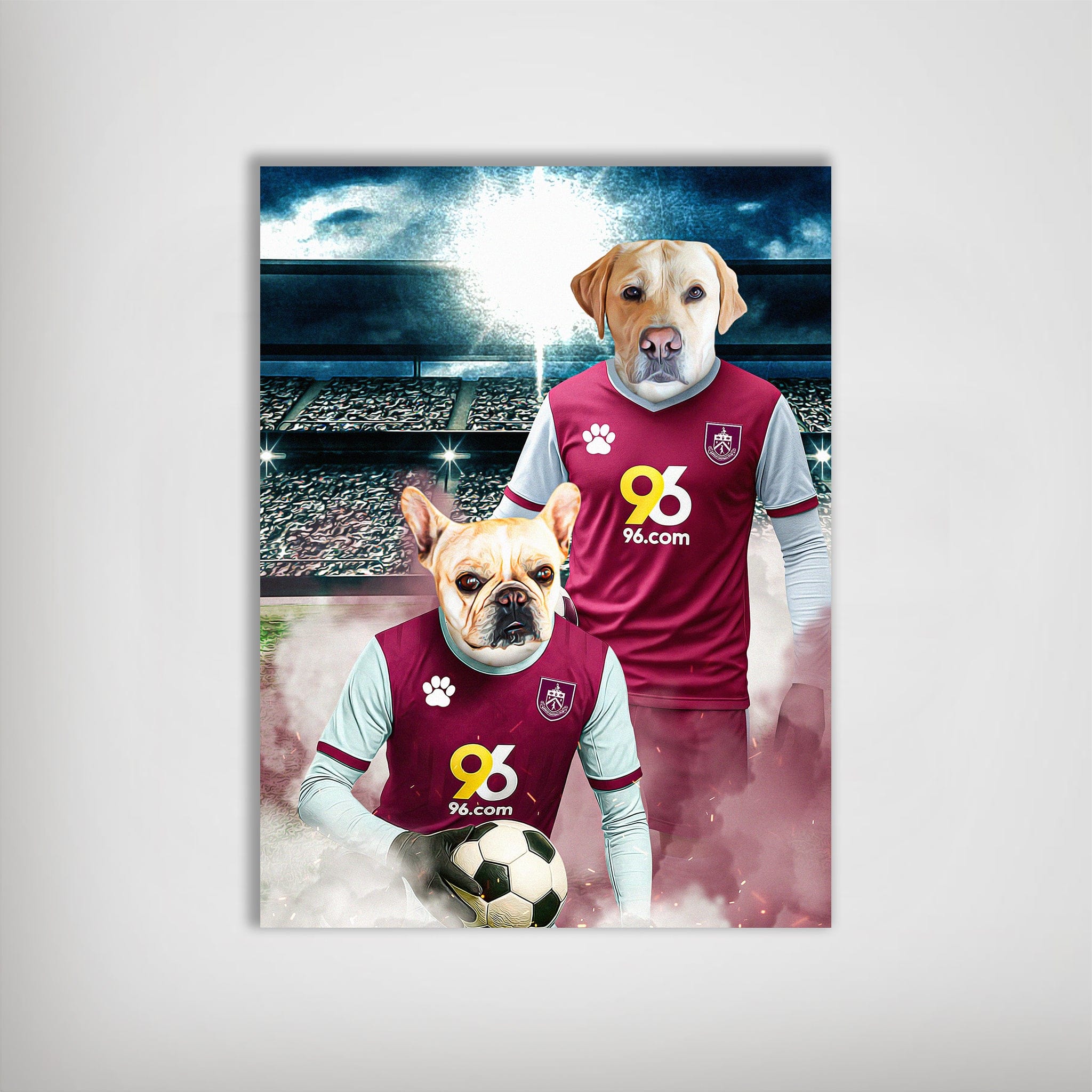 Personalized matte poster featuring two pets in Burnley Doggos football jerseys on a stadium background.