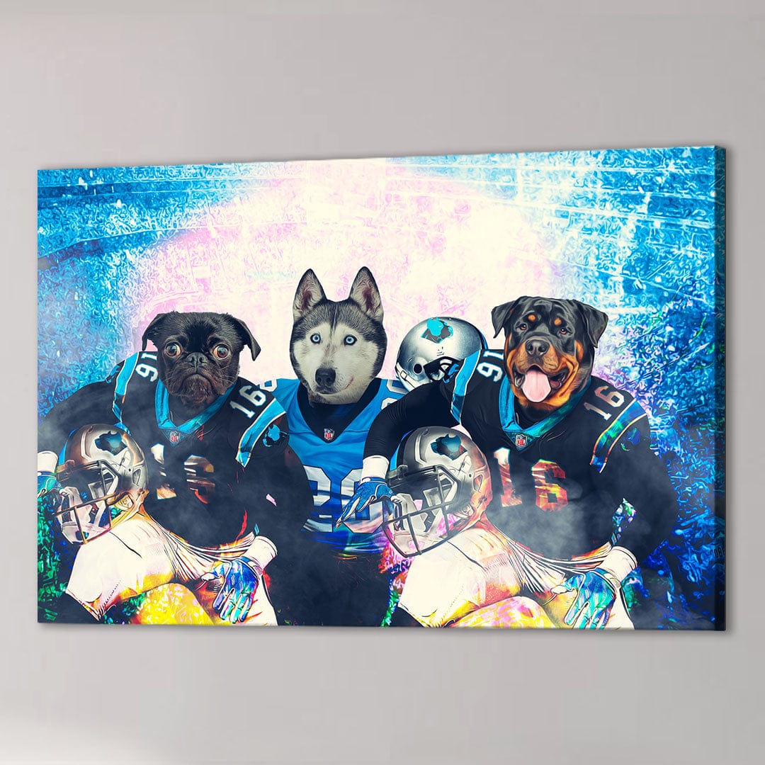 Personalized 3-pet canvas featuring a pug, husky, and rottweiler in Carolina Panthers football jerseys.