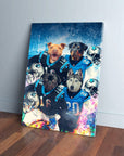 Personalized 'Carolina Doggos' canvas featuring four pets in blue football jerseys and helmets.