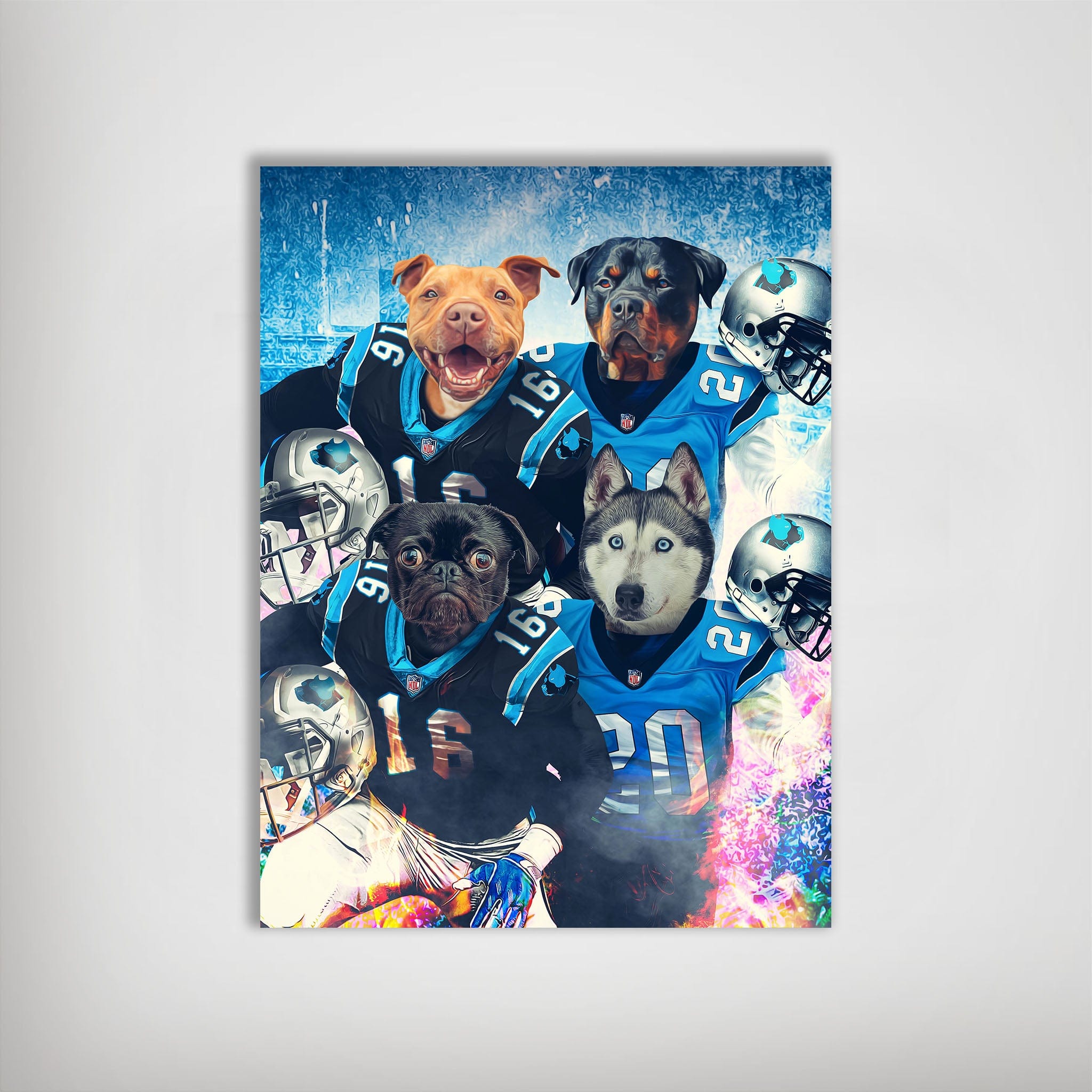 Personalized Carolina Doggos 4-pet poster featuring dogs in blue football jerseys and helmets.