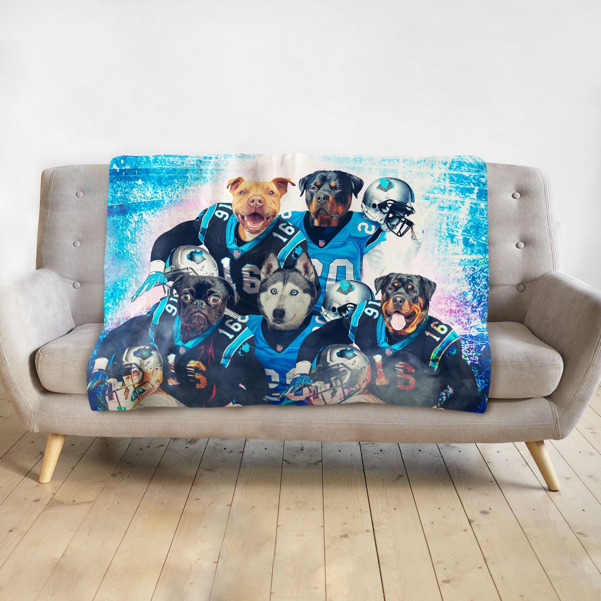 Personalized 5-pet blanket with dogs in Carolina Panthers football uniforms.