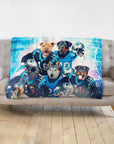 Personalized 5-pet blanket with dogs in Carolina Panthers football uniforms.