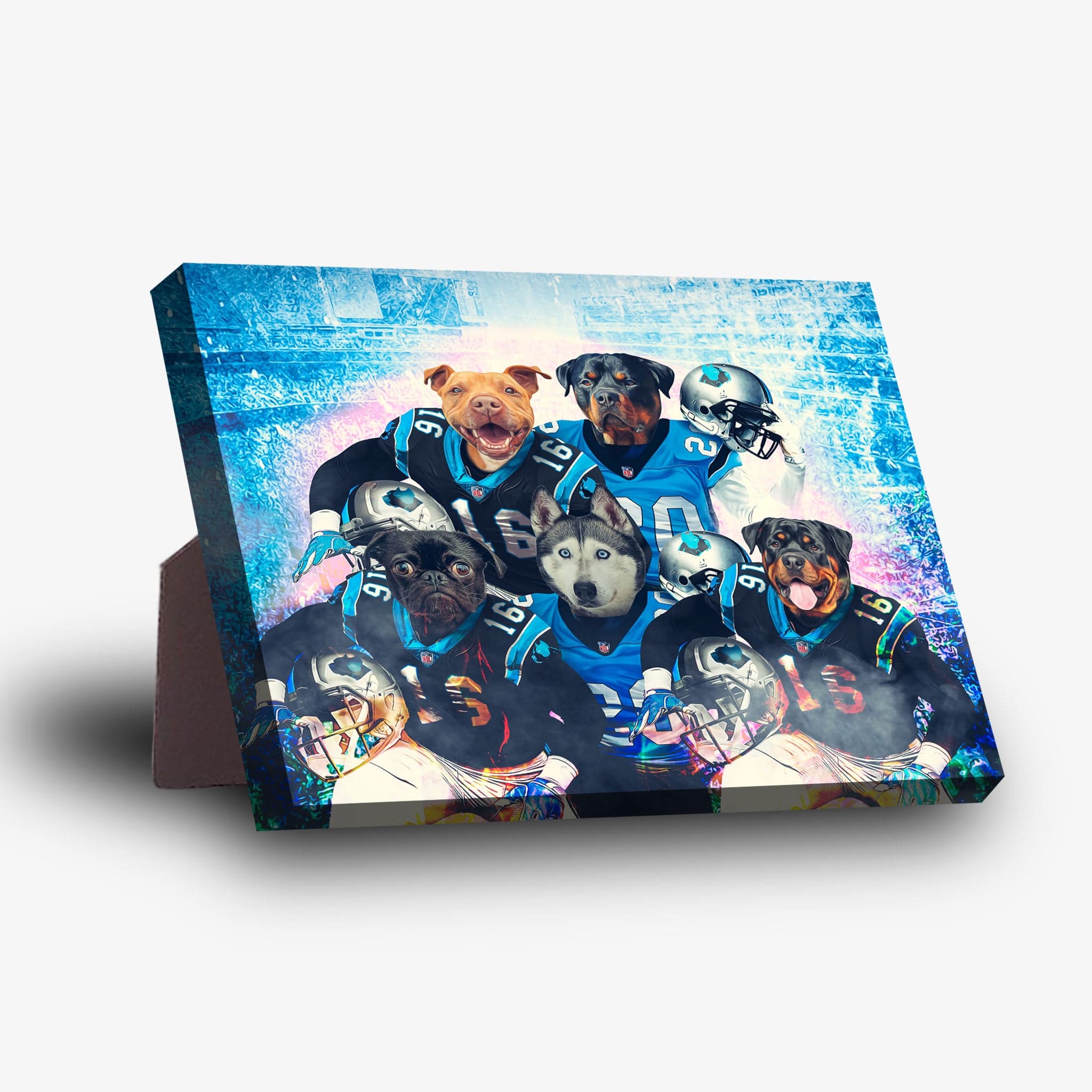 Personalized 'Carolina Doggos' 5-pet standing canvas featuring dogs in football jerseys on a vibrant blue background.