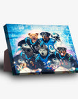 Personalized 'Carolina Doggos' 5-pet standing canvas featuring dogs in football jerseys on a vibrant blue background.