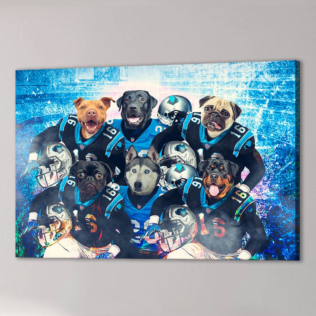 Custom canvas featuring six pets as Carolina Panthers football players in blue and black uniforms.