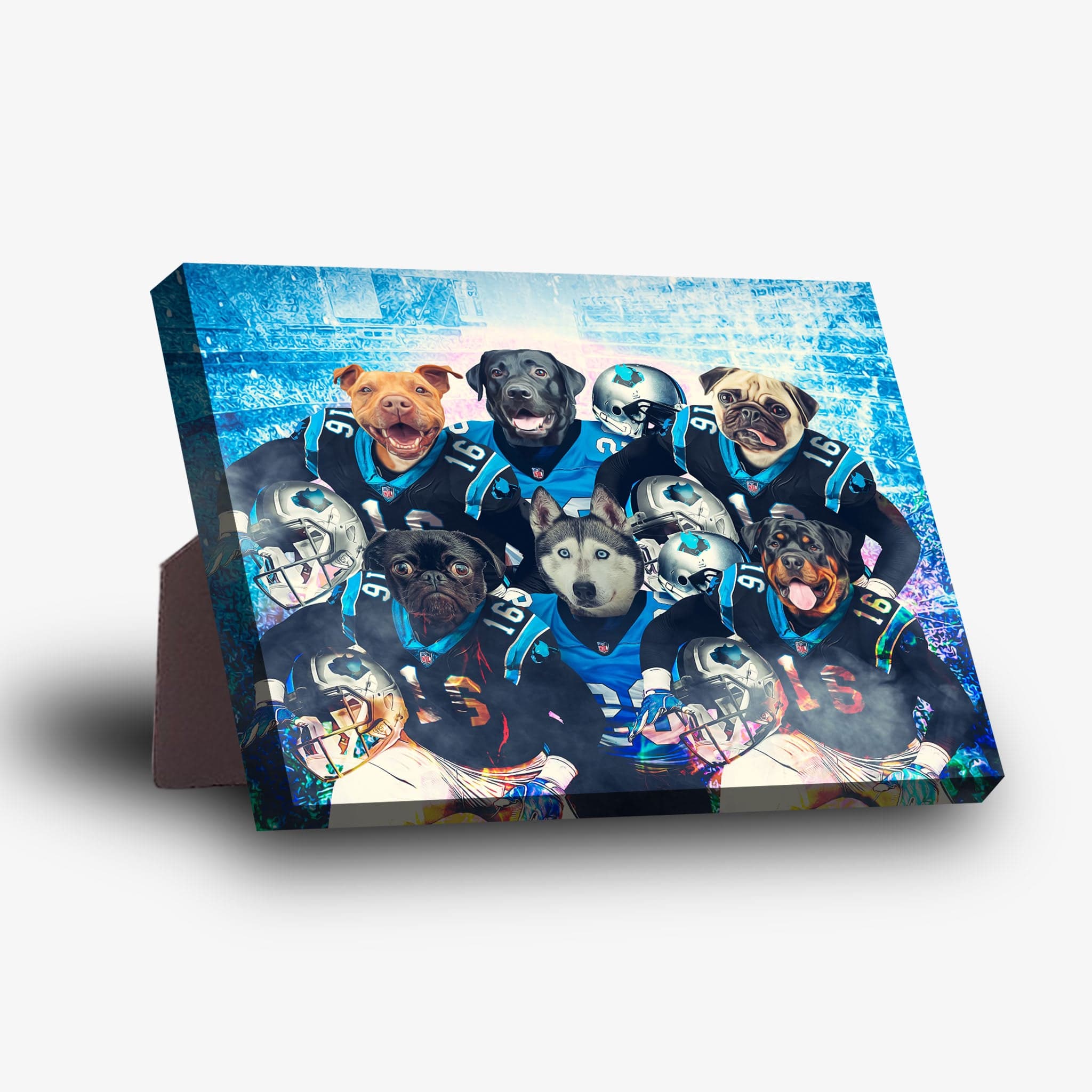 Personalized 'Carolina Doggos' standing canvas featuring 6 pets in blue football uniforms and helmets.