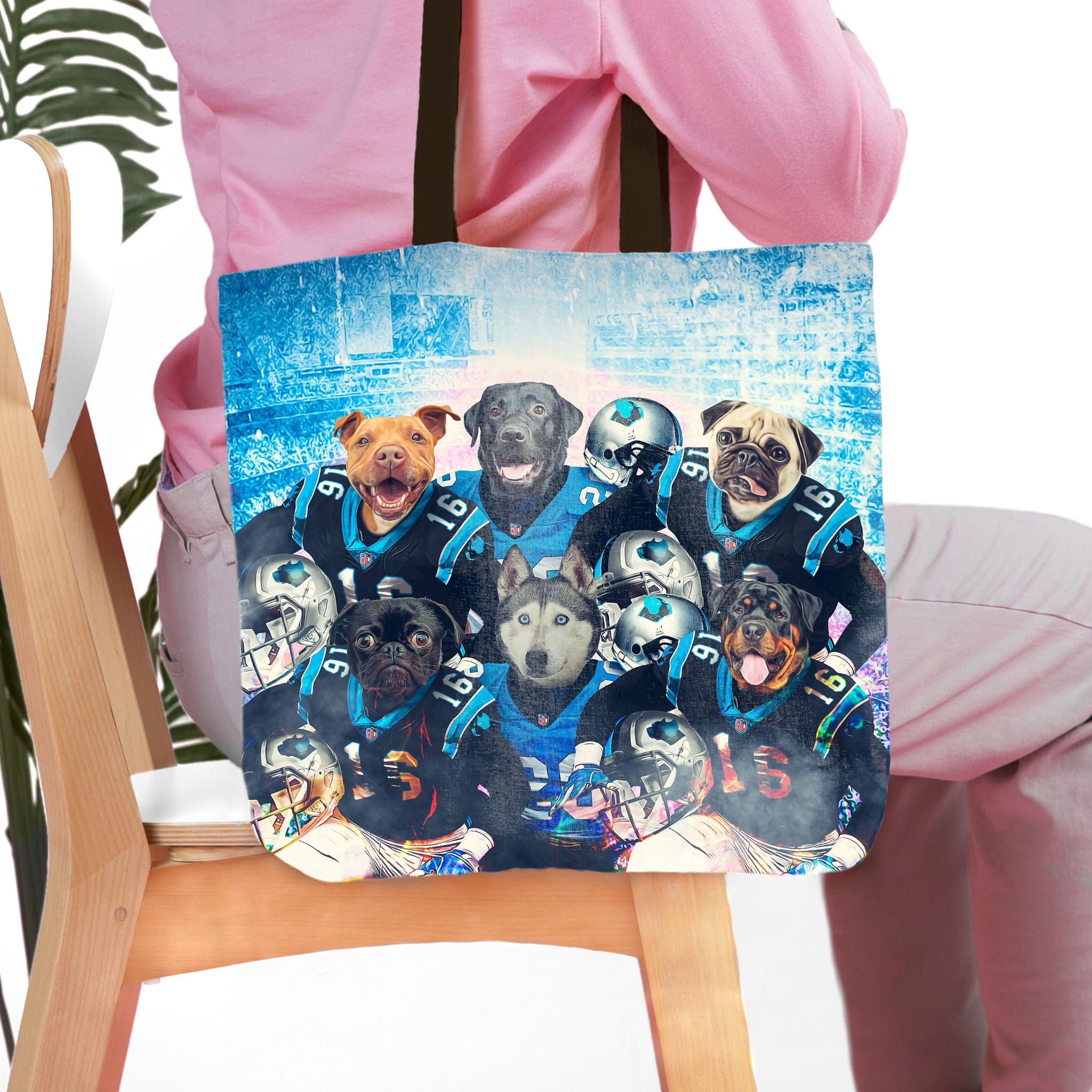 Personalized 6-pet tote bag with custom dog portraits in football uniforms.
