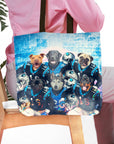 Personalized 6-pet tote bag with custom dog portraits in football uniforms.