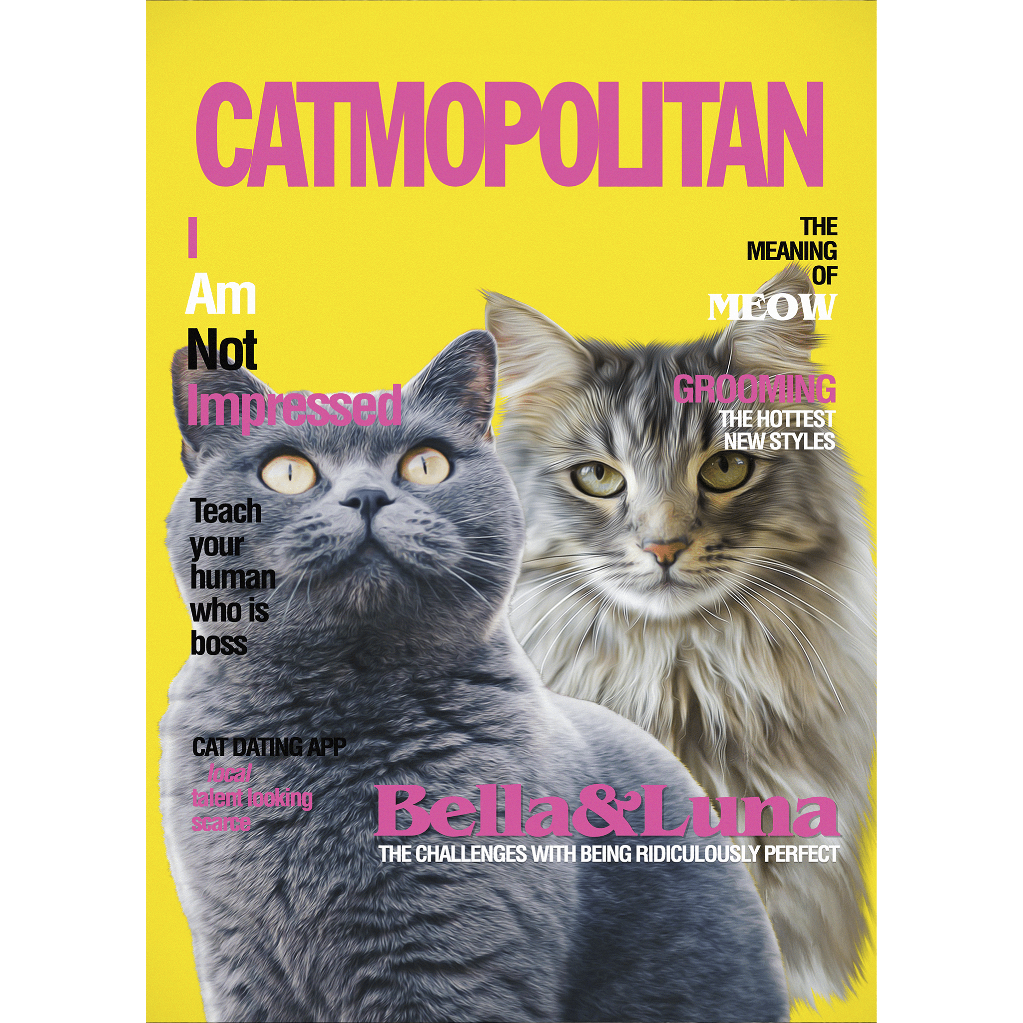 Custom digital portrait of two cats on a yellow "Catmopolitan" magazine cover.