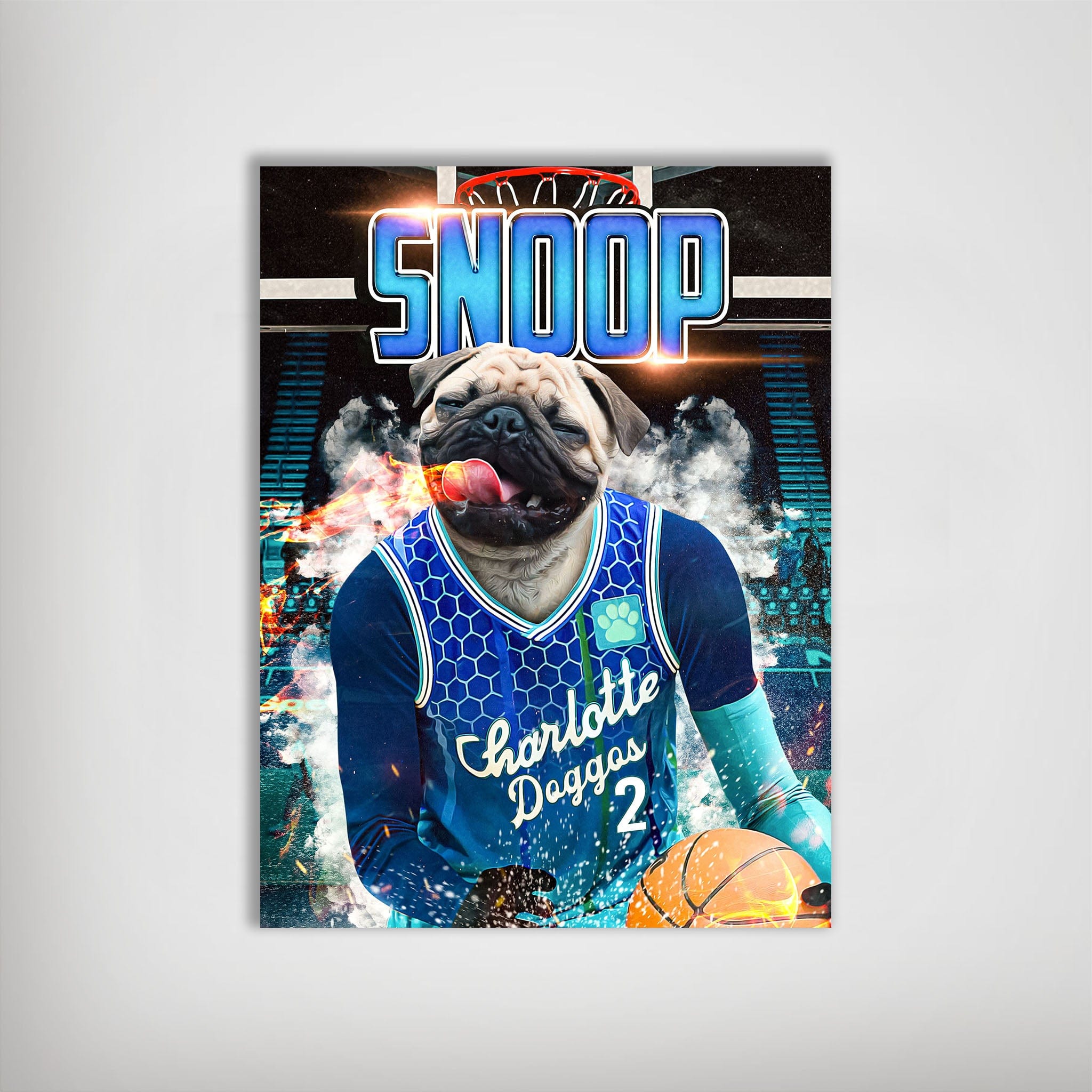Personalized Charlotte Hornets Doggos poster featuring a pug in a blue basketball jersey with a fiery background.
