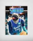 Personalized Charlotte Hornets Doggos poster featuring a pug in a blue basketball jersey with a fiery background.