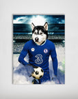 Personalized Chelsea Doggos Football poster featuring a husky in a blue jersey holding a soccer ball.