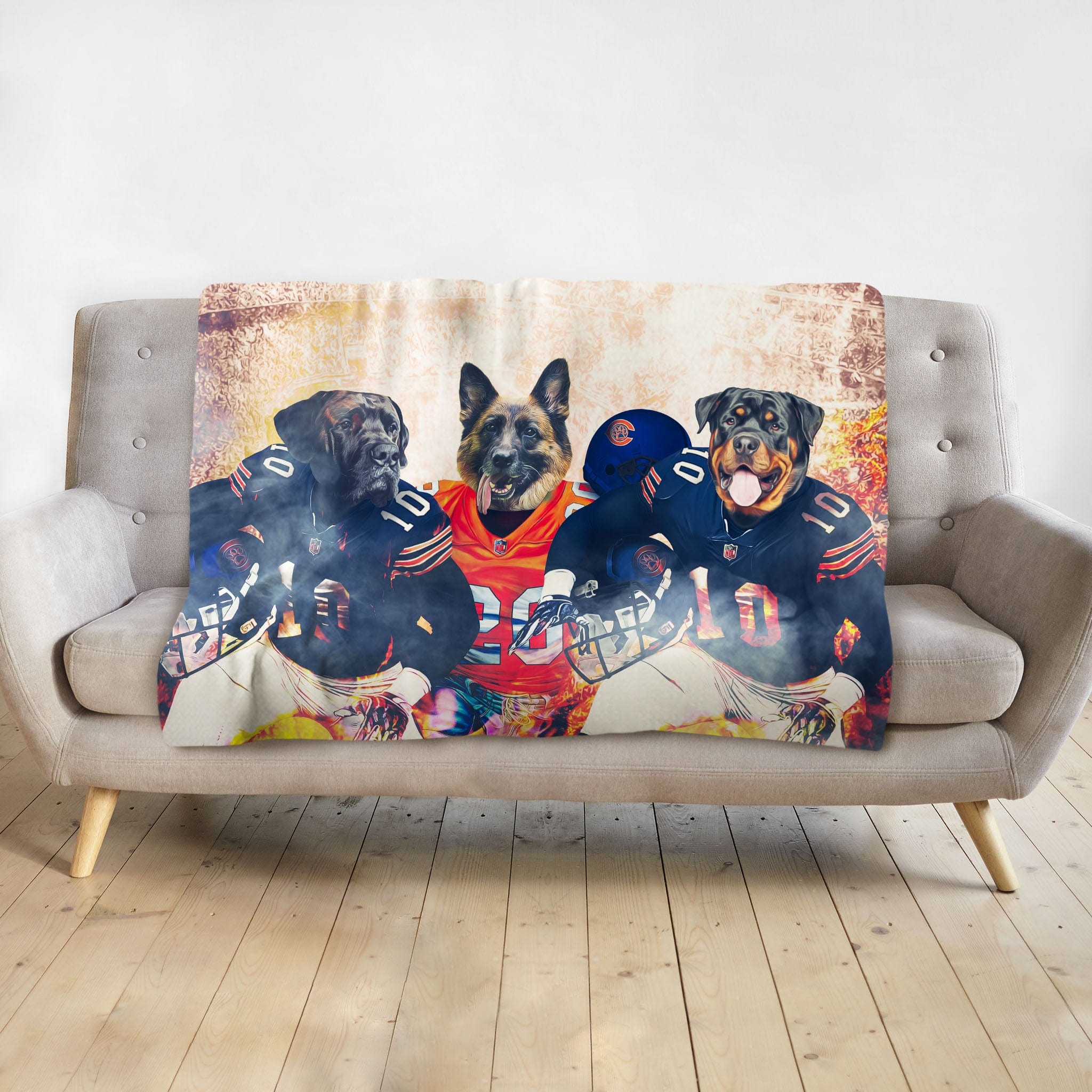 Personalized custom blanket with three dogs in Chicago Bears football uniforms.