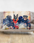 Personalized custom blanket with three dogs in Chicago Bears football uniforms.