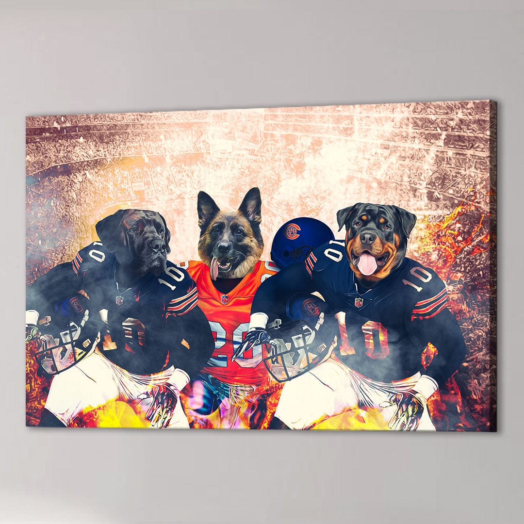 Personalized 3 pet canvas featuring dogs in Chicago Bears football jerseys against a stadium backdrop.